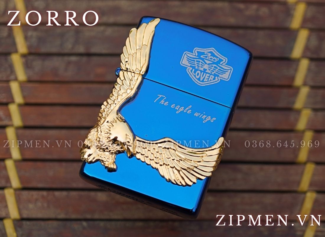 Bật lửa Zorro xanh saphir ốp Đại bàng mạ vàng