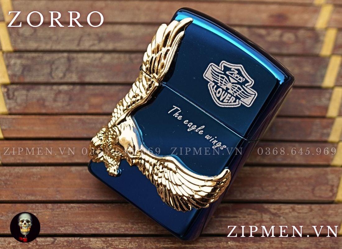 Bật lửa Zorro xanh saphir ốp Đại bàng mạ vàng