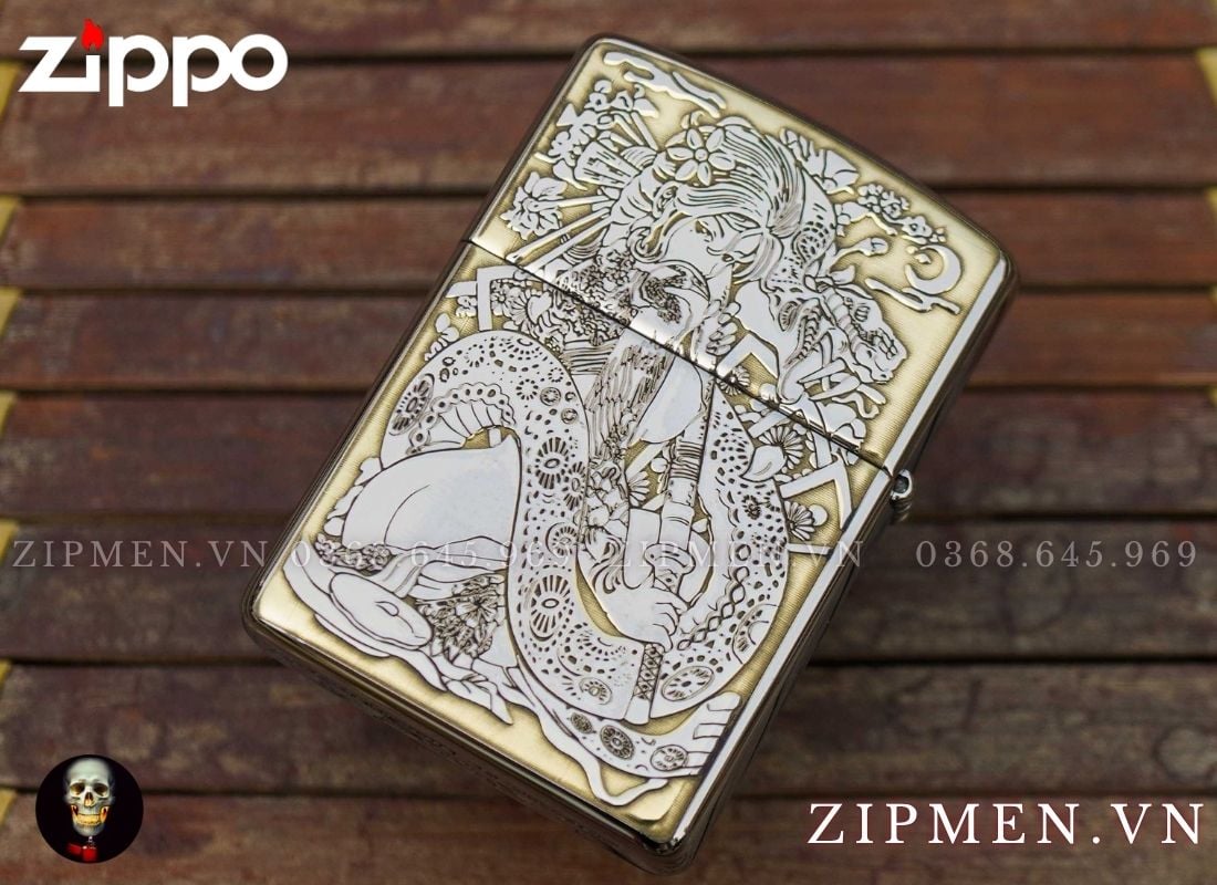 Zippo armor khắc nổi hình Geisha cầm kiếm Katana trắng bóng