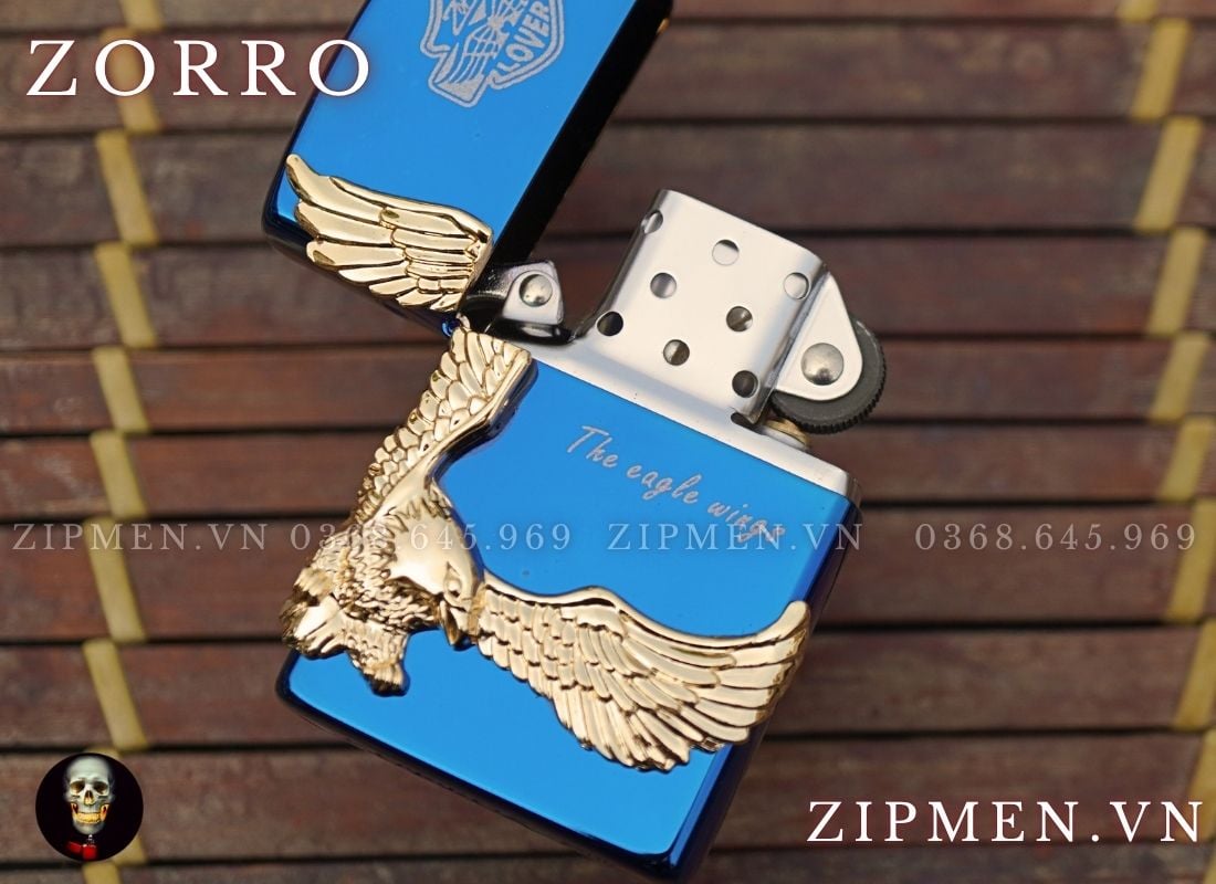 Bật lửa Zorro xanh saphir ốp Đại bàng mạ vàng