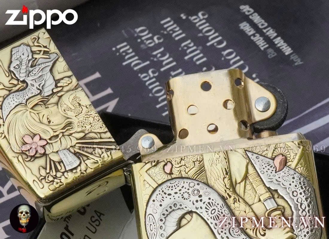 Zippo xuất Nhật Bản khắc 3D hình cô gái Nhật và con rắn