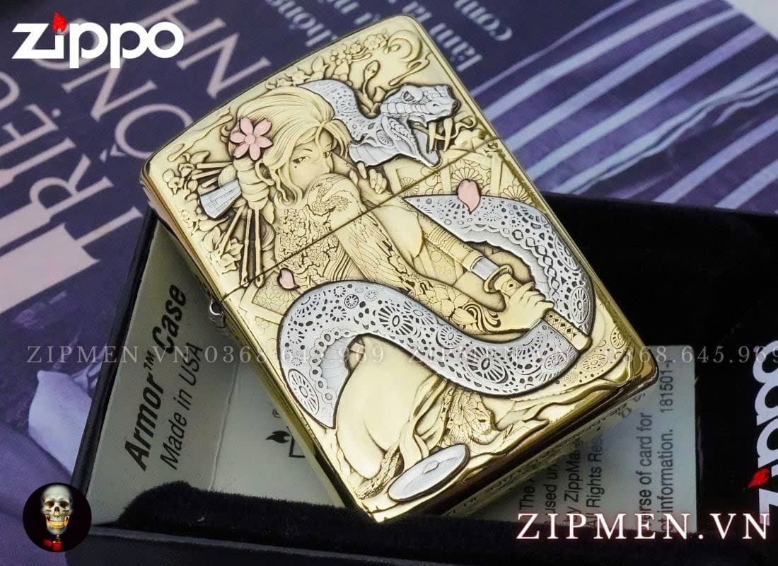 Zippo xuất Nhật Bản khắc 3D hình cô gái Nhật và con rắn
