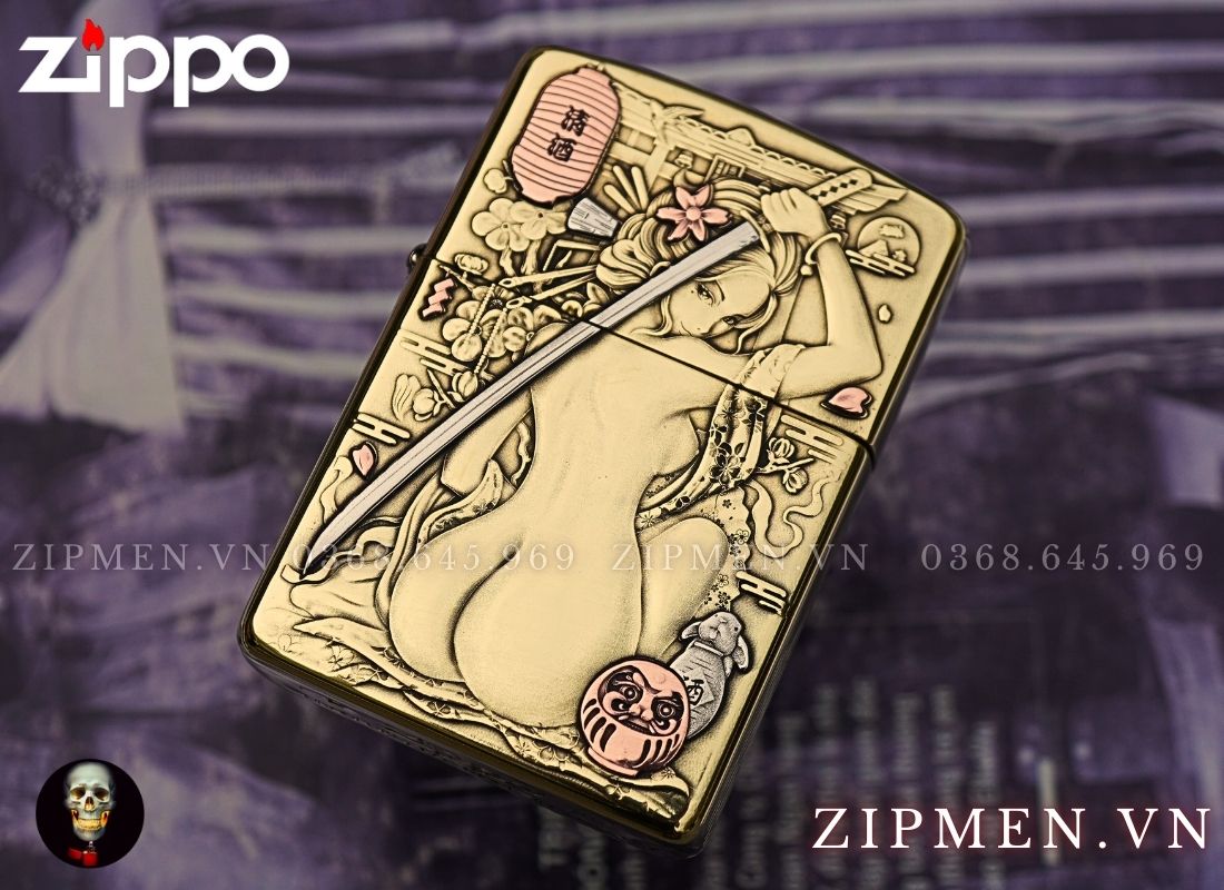 Bật lửa zippo xuất Nhật Bản khắc nổi 3D chủ đề Geisha Samurai