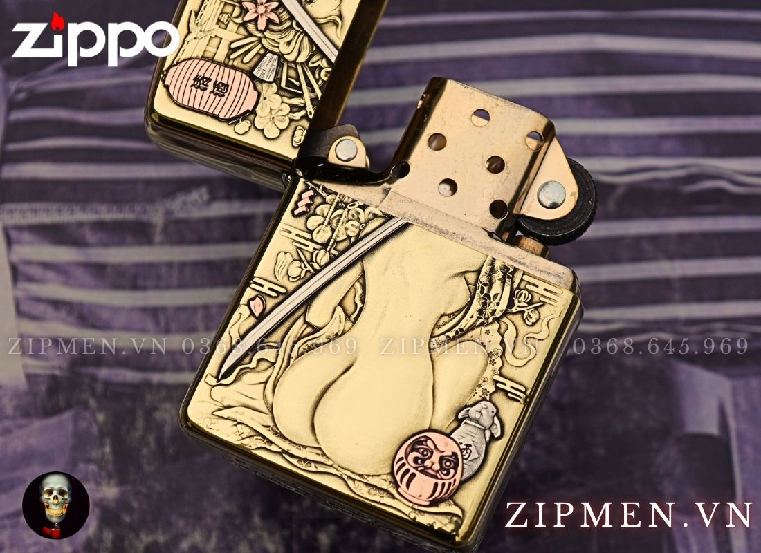Bật lửa zippo xuất Nhật Bản khắc nổi 3D chủ đề Geisha Samurai