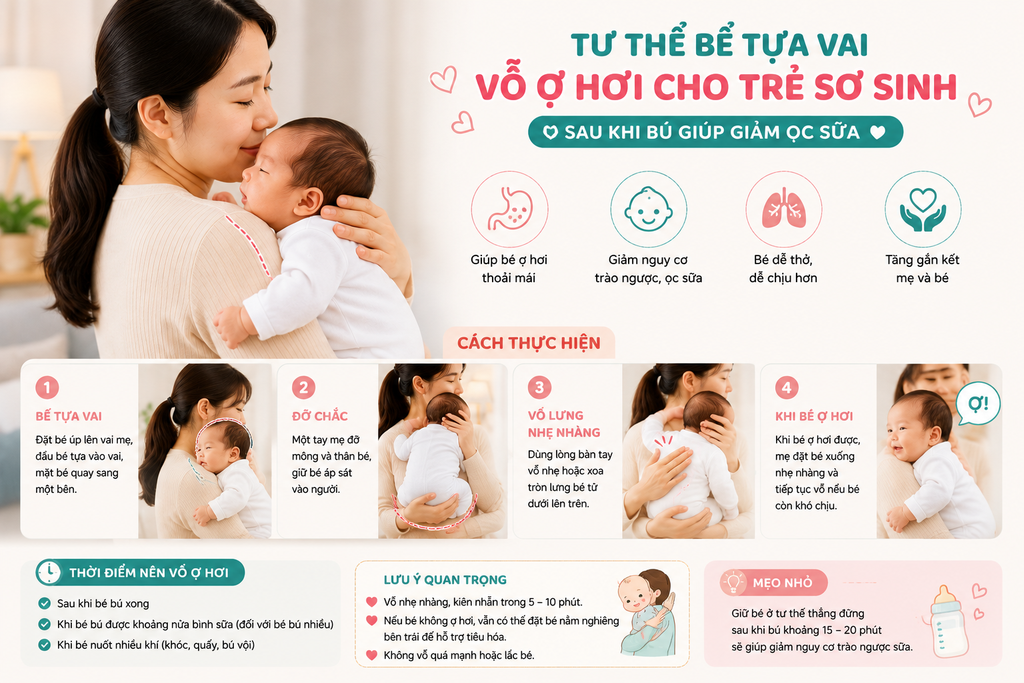 Tư thế bế tựa vai vỗ ợ hơi cho trẻ sơ sinh sau khi bú giúp giảm ọc sữa