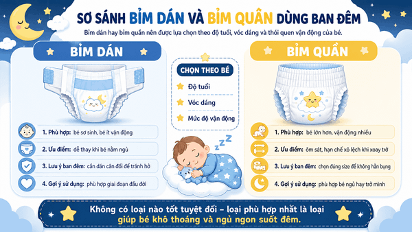 So sánh bỉm dán và bỉm quần dùng ban đêm