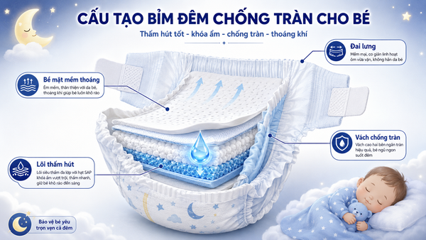 Cấu tạo bỉm đêm chống tràn cho bé