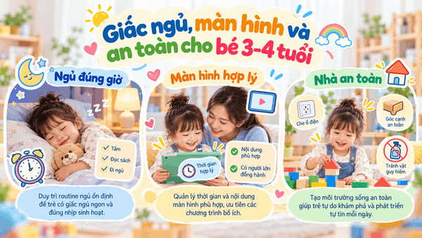 Giấc ngủ, màn hình và an toàn cho bé 3–4 tuổi