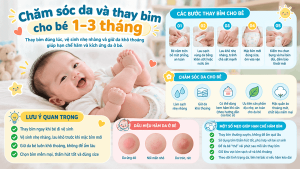 Chăm sóc da và thay bỉm cho bé 1–3 tháng
