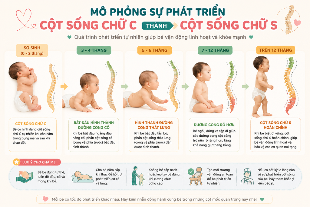 Mô phỏng sự phát triển cột sống chữ C của trẻ sơ sinh thành cột sống chữ S