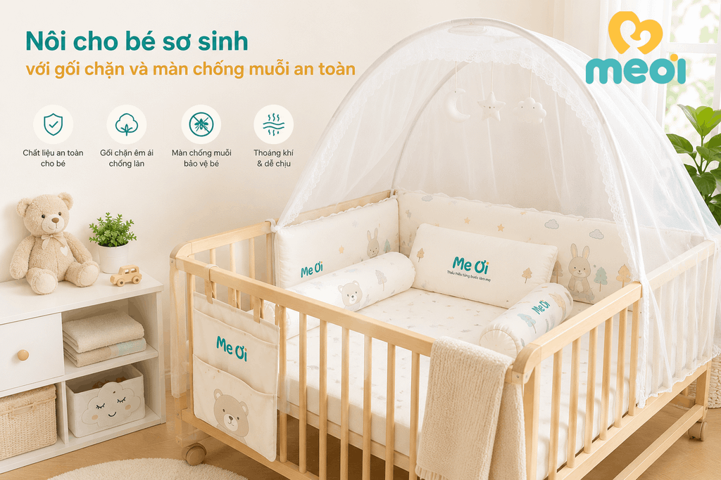 Nôi cho bé sơ sinh với gối chặn và màn chống muỗi an toàn