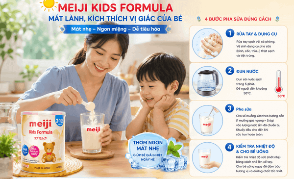 Hướng dẫn pha sữu pha Meiji Kids Formula cho con