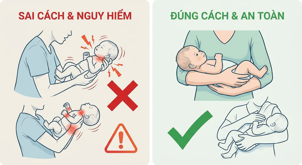 Cảnh báo hành vi rung lắc mạnh và nâng kéo tay trẻ sơ sinh gây tổn thương xương khớp