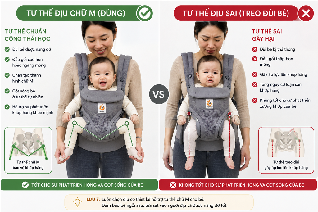 So sánh tư thế địu chân chữ M chuẩn công thái học và tư thế địu sai làm treo đùi bé