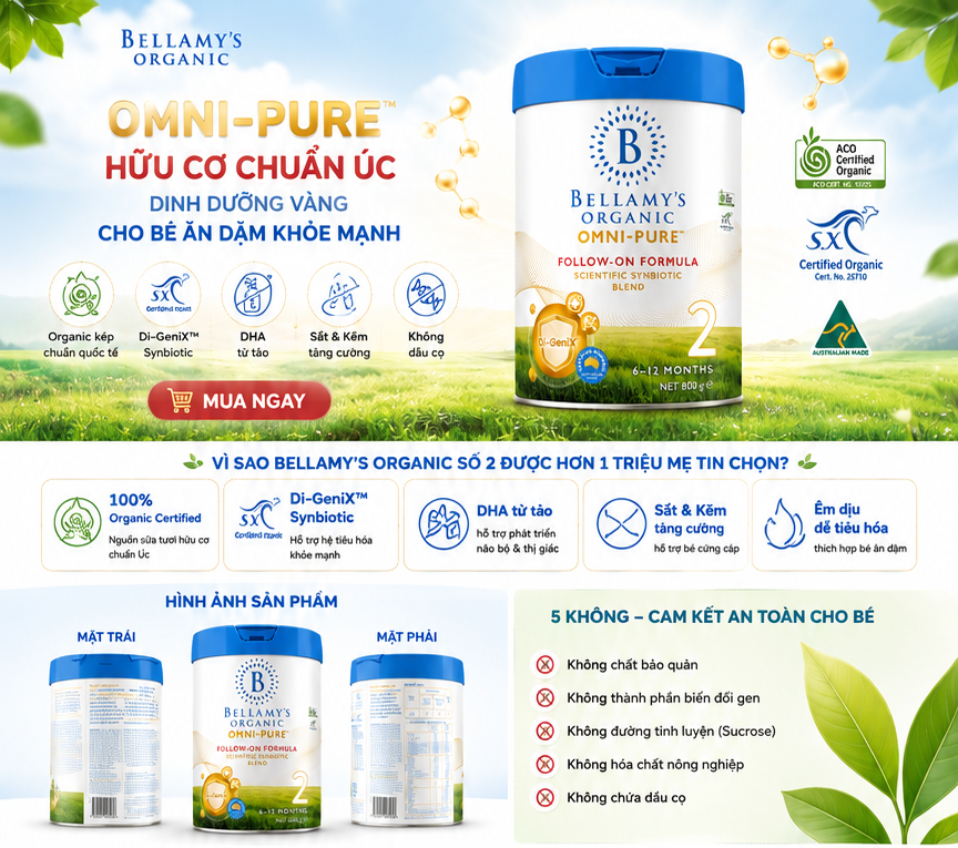 Sữa Bellamy's Organic Omni-Pure số 2 800g chính hãng Úc cho bé 6-12 tháng tại Mẹ Ơi