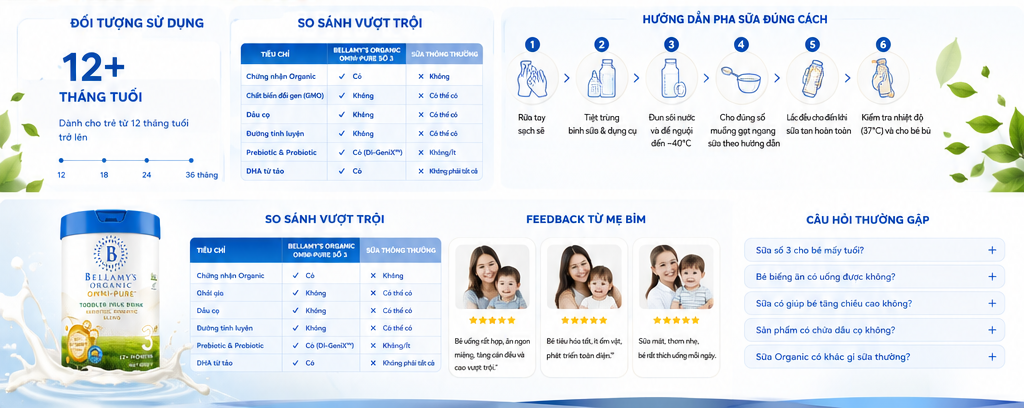 Cách pha sữa Bellamy's Organic Omni-Pure số 3 800g cho bé 12-36 tháng