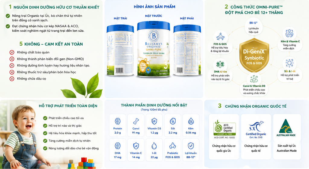 Thành phần dinh dưỡng tăng chiều cao sữa Bellamy's Organic số 3 800g