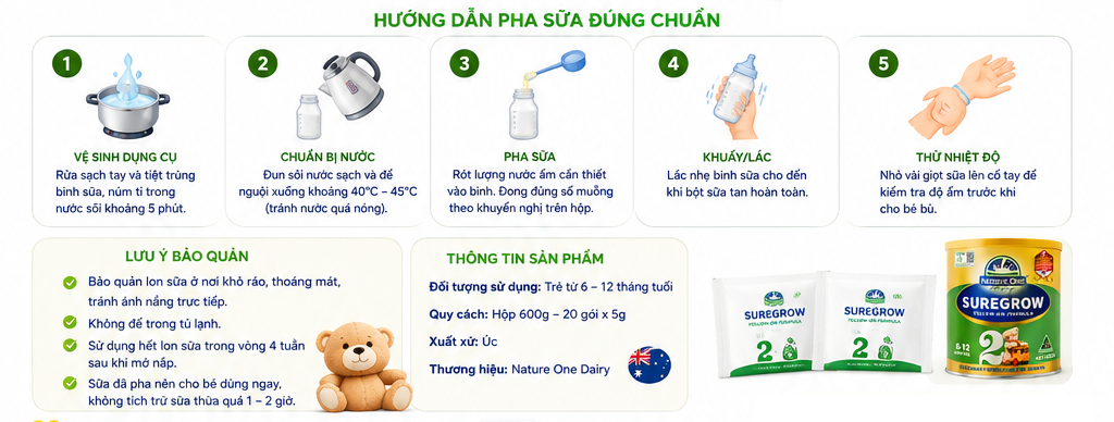 Sữa Sure Grow HMM số 2 600g (6-12M) Hướng dẫn Pha Sữa Cho Bé