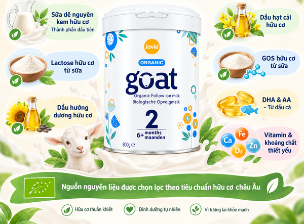 Thành phần Jovie Goat Organic số 2 gồm sữa dê nguyên kem hữu cơ, lactose, GOS, DHA, AA, vitamin và khoáng chất