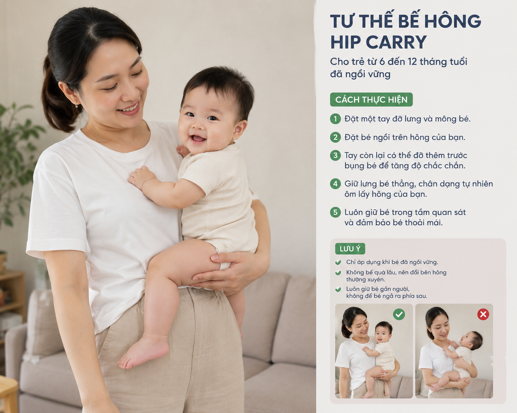 Tư thế bế hông Hip Carry cho trẻ từ 6 đến 12 tháng tuổi đã ngồi vững