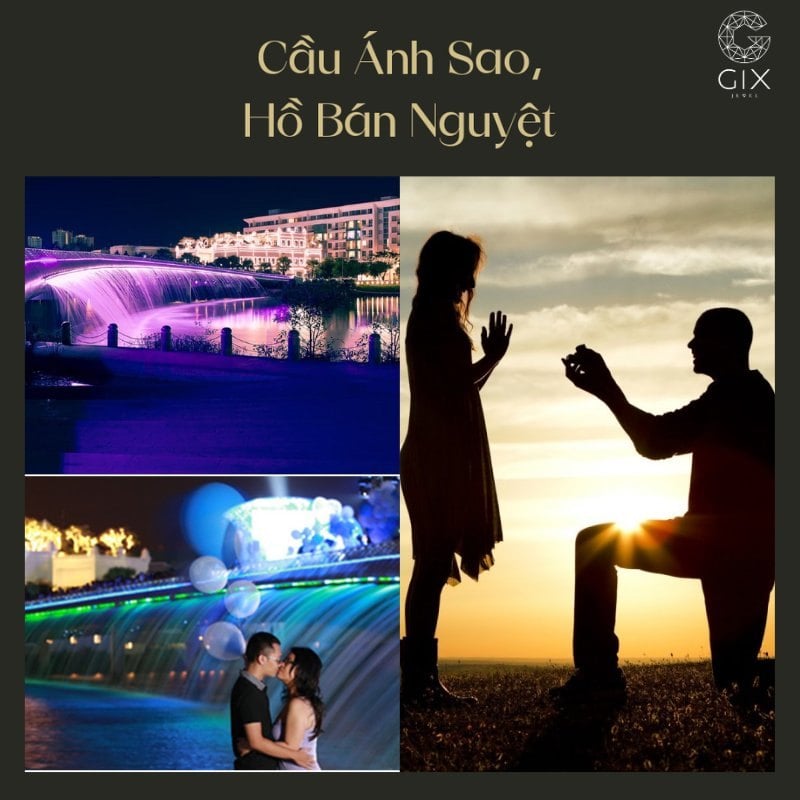 (Cầu Ánh Sao và Hồ Bán Nguyệt lung linh về đêm, phù hợp cho cầu hôn ngoài trời tiết kiệm ngân sách)