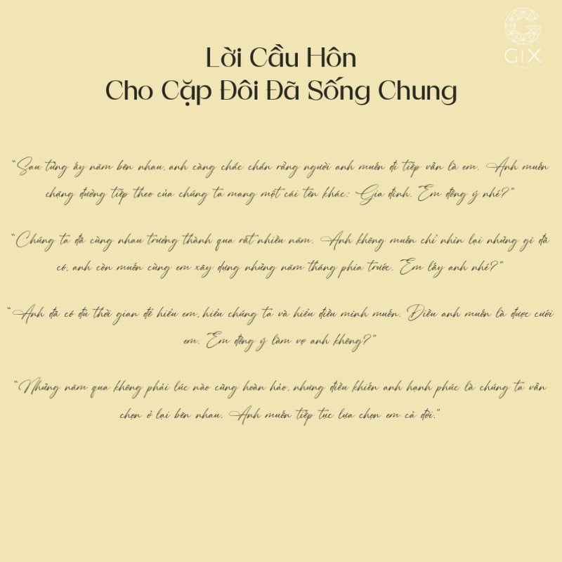 Lời cầu hôn cho cặp đôi đã sống chung thường xoay quanh những điều bình dị hằng ngày