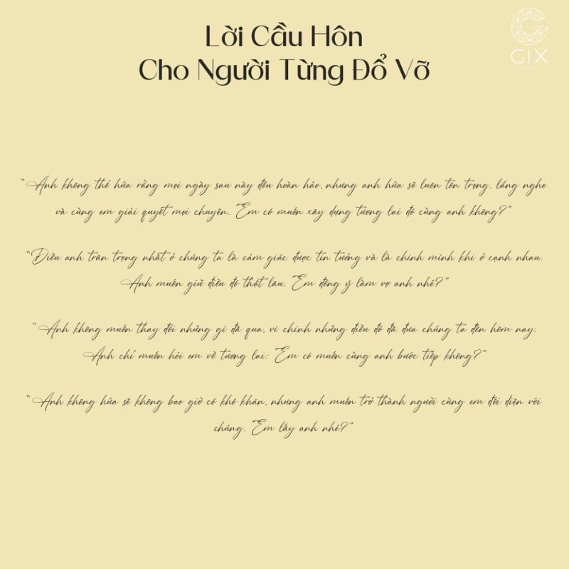 Lời cầu hôn cho người từng đổ vỡ nên nhẹ nhàng, tôn trọng và tập trung vào hiện tại