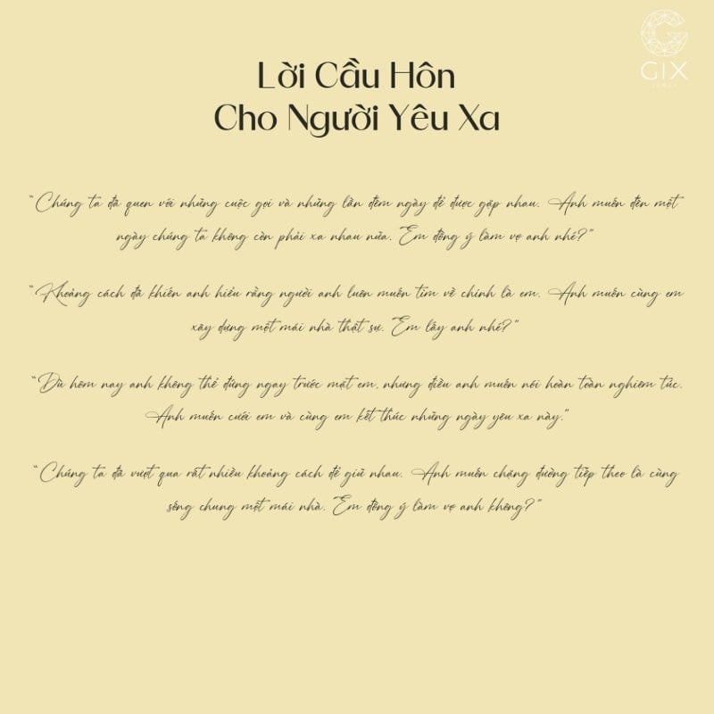 Lời cầu hôn cho người yêu xa thường nhấn mạnh sự chờ đợi và mong muốn không còn cách xa