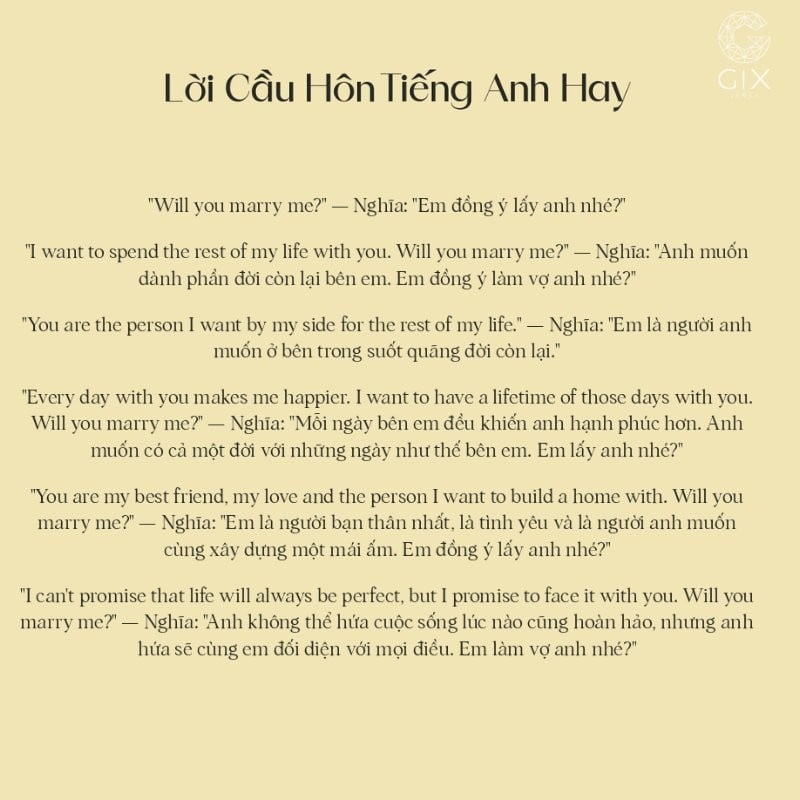 Lời cầu hôn tiếng Anh phù hợp với cặp đôi muốn tạo cảm giác hiện đại, lãng mạn