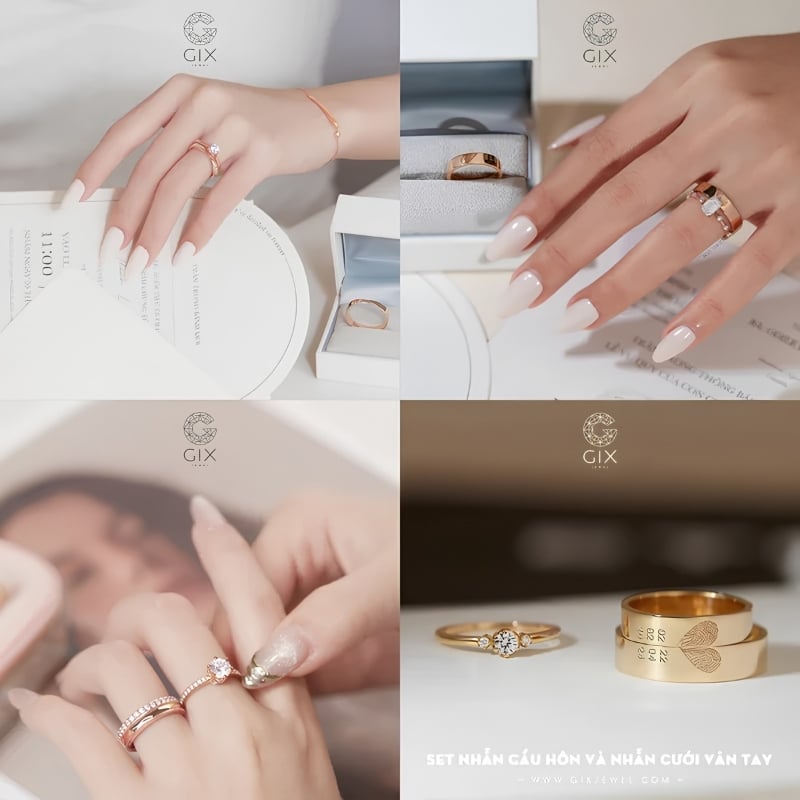 Minh họa các cách đeo phối hợp nhẫn cưới và nhẫn cầu hôn thanh lịch, hài hòa.
