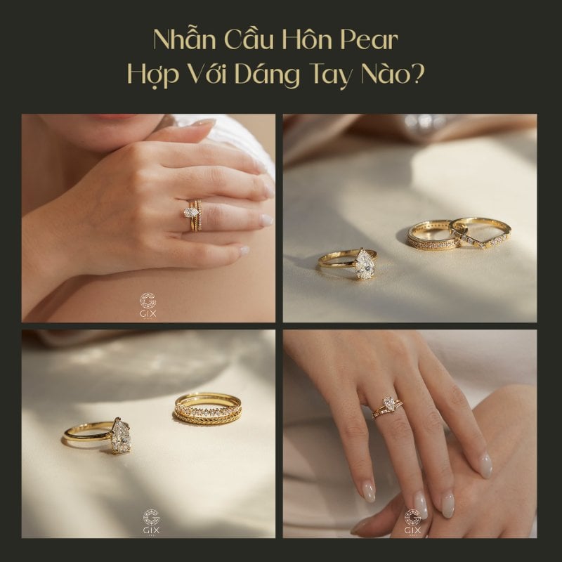 Chọn đúng tỷ lệ viên Pear và đai nhẫn theo dáng tay giúp tổng thể hài hòa hơn