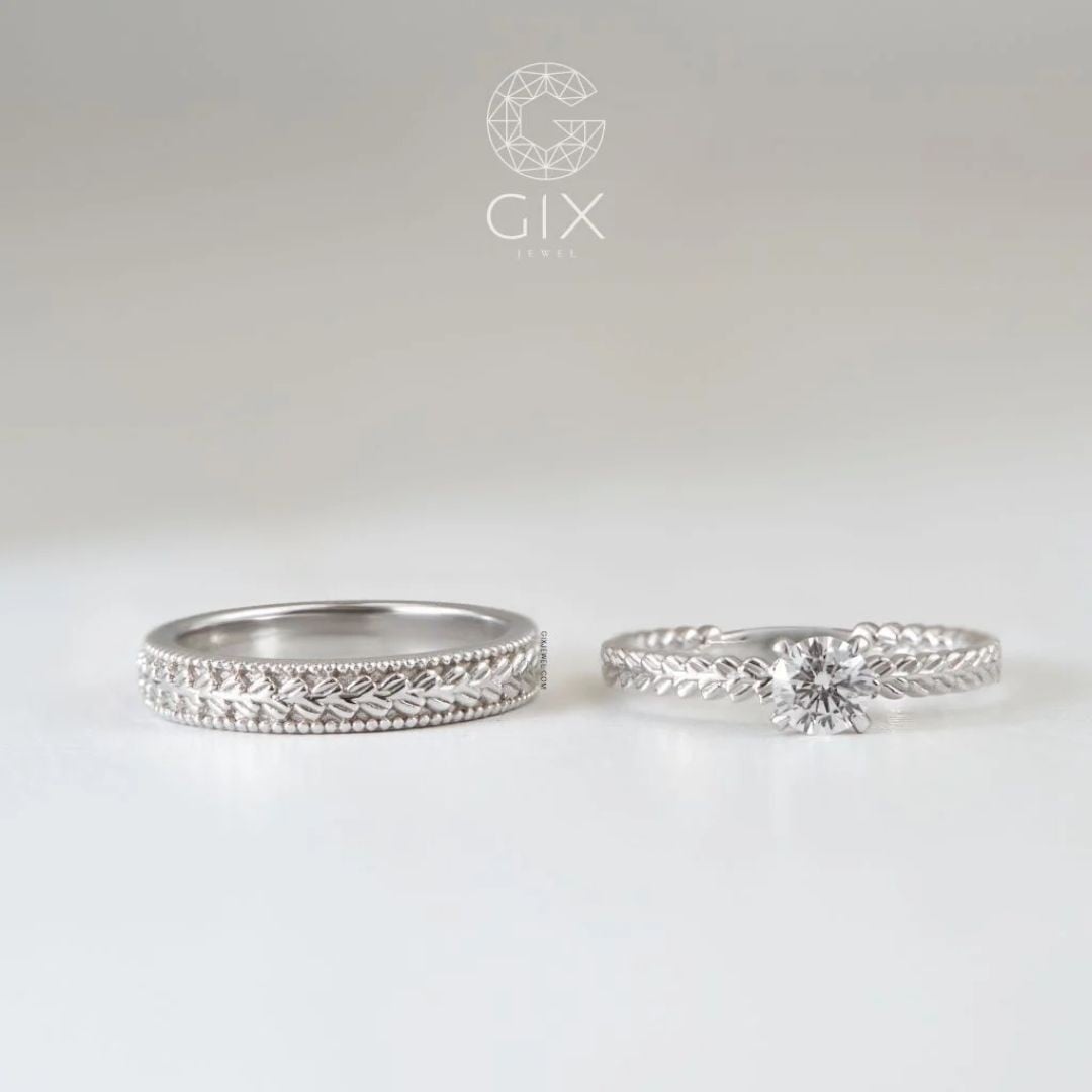 Nhẫn cưới họa tiết lá nổi đan xen kẽ