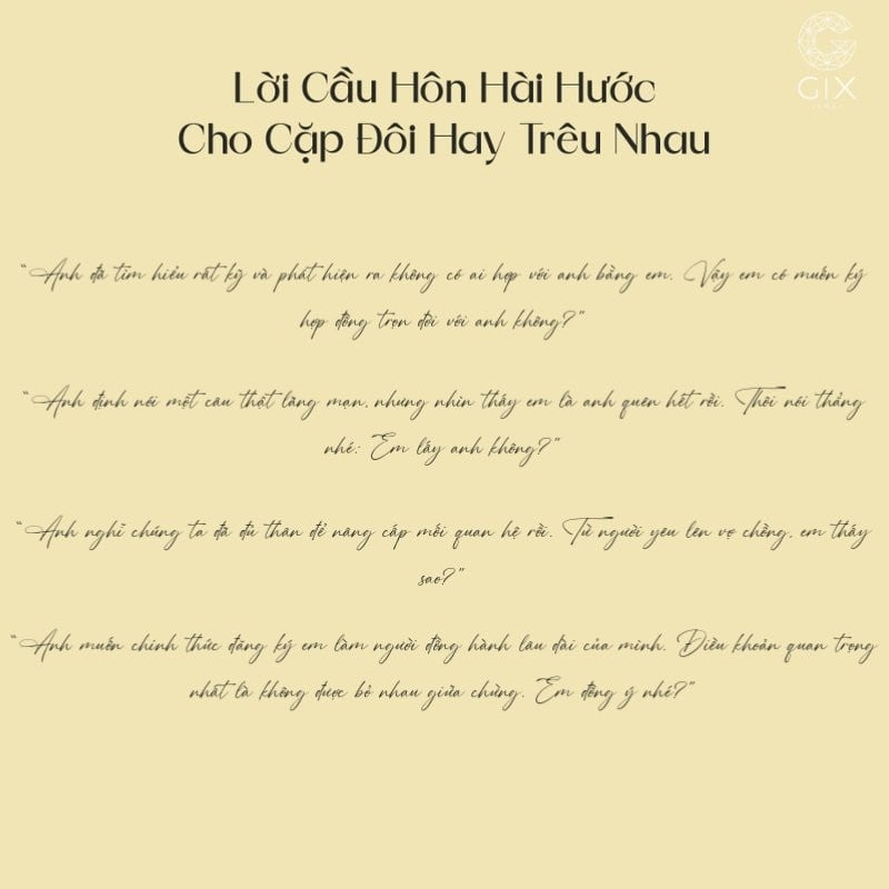 Lời cầu hôn hài hước phù hợp với cặp đôi thường xuyên trêu đùa nhau