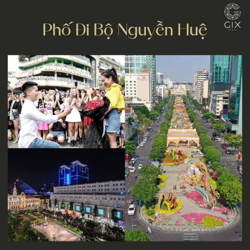 (Phố đi bộ Nguyễn Huệ về đêm, không gian quen thuộc cho màn cầu hôn tự nhiên giữa trung tâm)