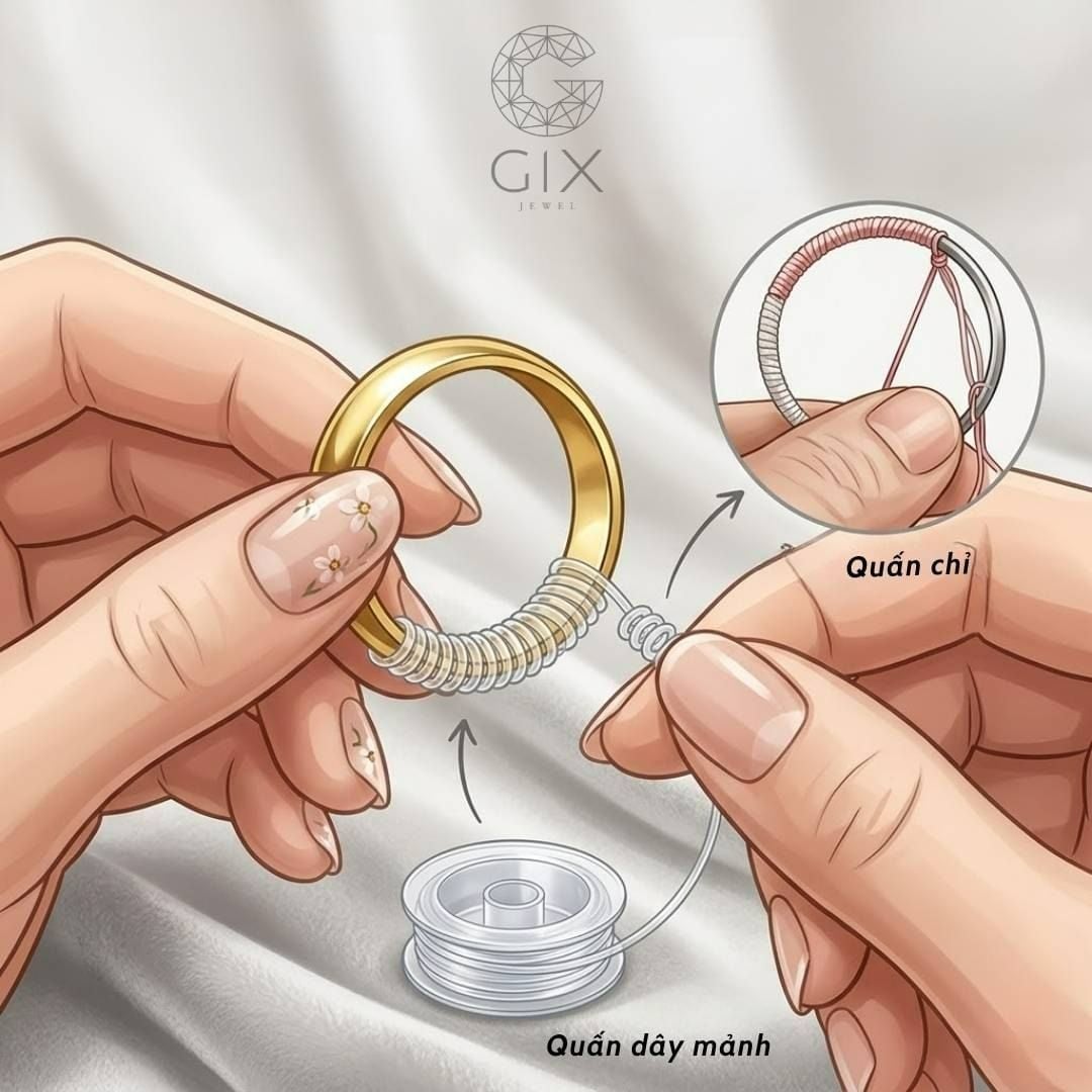 Quấn chỉ hoặc dây cước chỉnh nhẫn bị rộng