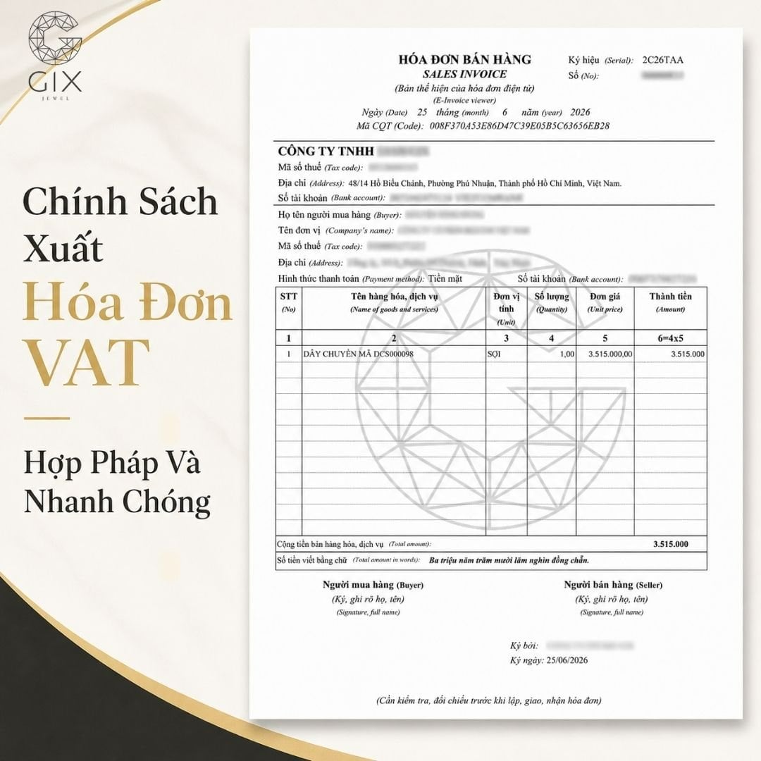 Chính sách xuất hóa đơn VAT và chứng từ chất liệu tại Gix Jewel