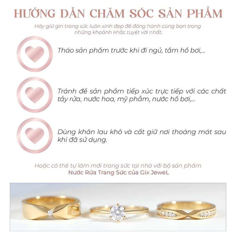Vệ sinh nhẫn cưới định kỳ bằng dung dịch chuyên dụng giữ trọn độ sáng bóng gương.
