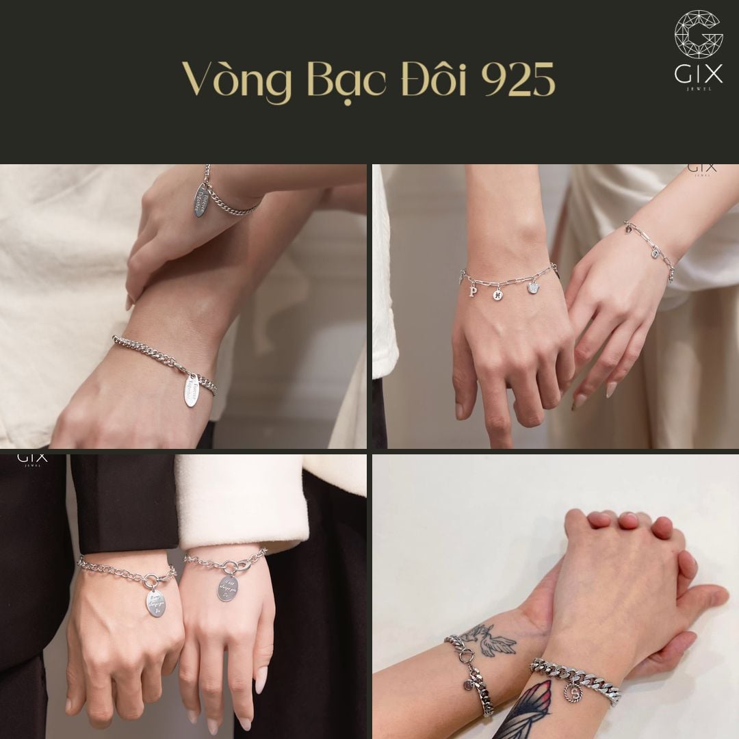 Mẫu vòng bạc đôi 925 trắng sáng, dễ đeo hằng ngày và có thể khắc tên theo yêu cầu.
