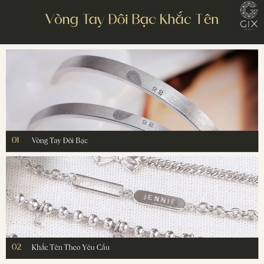 Vòng tay đôi bạc khắc tên dễ cá nhân hóa