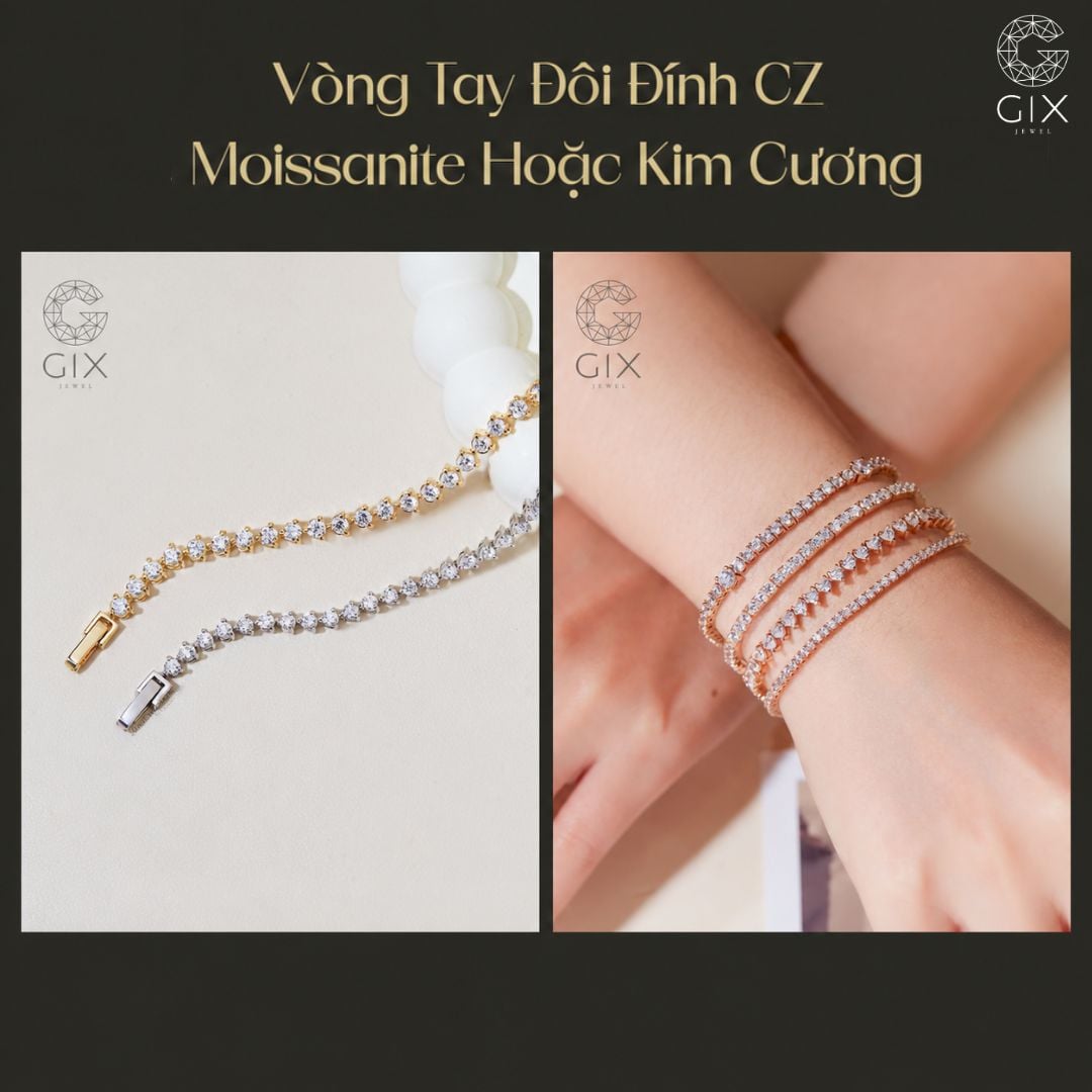 Mẫu vòng tay đôi đính đá CZ, moissanite hoặc kim cương sang trọng hơn.