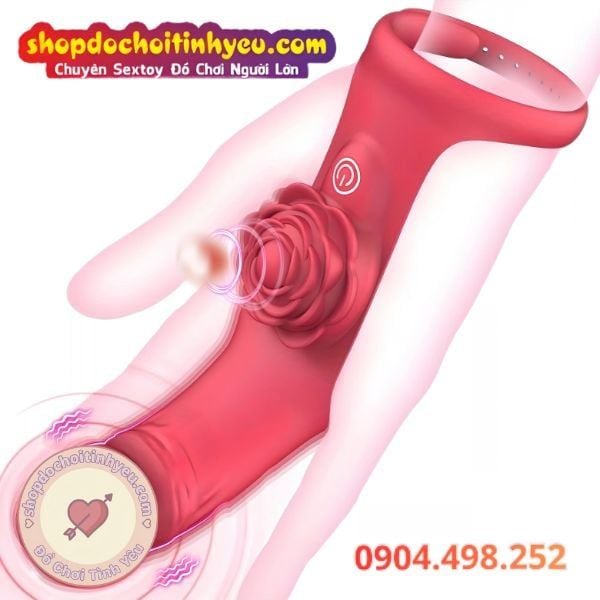 Bao Đeo Ngón Tay Hoa Hồng Rung Kép Thiết Kế Dương Vật Giả