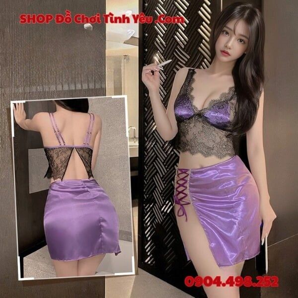 Bộ Váy Tím Ôm Sát Thiết Kế Cổ Chữ V Sâu Khoe Bầu Ngực Ngon