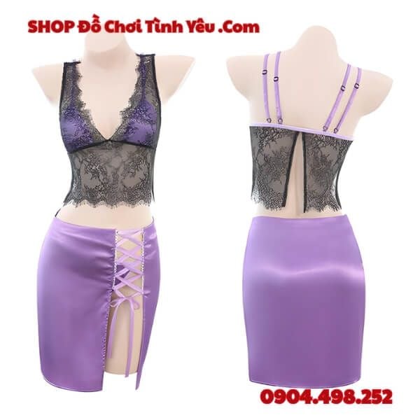 Bộ Váy Tím Ôm Sát Thiết Kế Cổ Chữ V Sâu Khoe Bầu Ngực Ngon