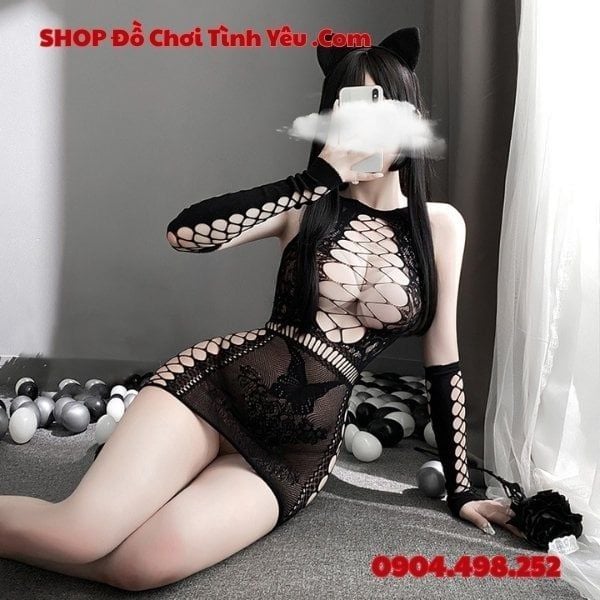 Đầm Lưới Đen Mỏng Ôm Body Khoét Rỗng Hở Ngực Gợi Cảm Táo Bạo