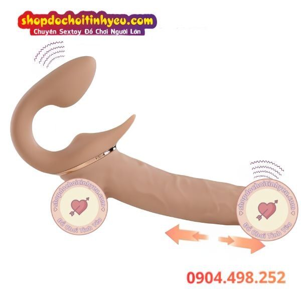 Dương Vật Giả 2 Đầu Rung Thụt Thiết Kế Uốn Cong Đeo Cho Les
