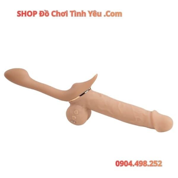 Dương Vật Giả 2 Đầu Rung Thụt Thiết Kế Uốn Cong Đeo Cho Les