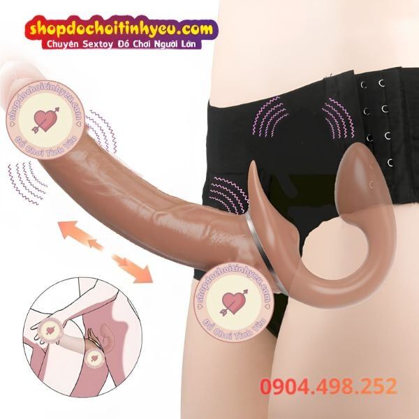 Dương Vật Giả 2 Đầu Rung Thụt Thiết Kế Uốn Cong Đeo Cho Les