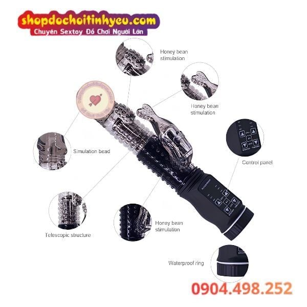 Dương vật giả rung thụt xoay 360 độ đính hạt đuôi cá phụ