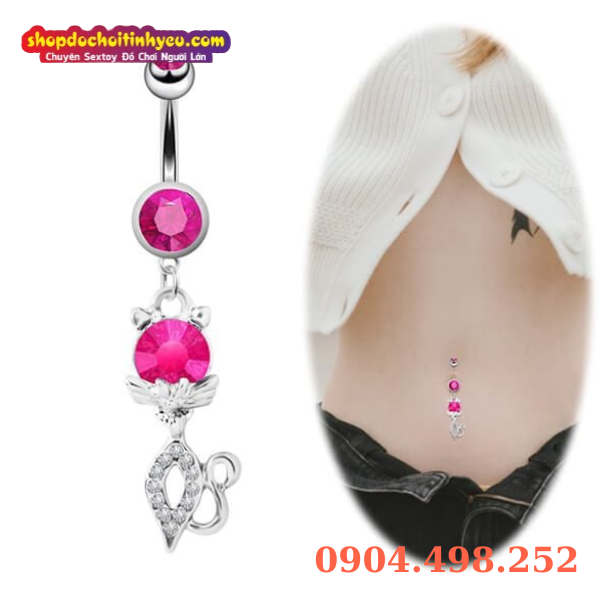 Khuyên đeo rốn hình mèo con thép y tế đính đá quyến rũ