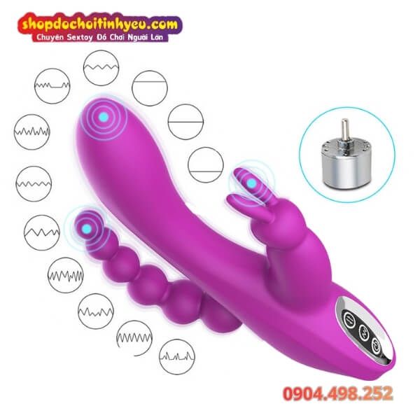 Máy Rung Ba Điểm Có Đầu Phụ Tai Thỏ Kèm Chuỗi Hạt Nhét Lỗ Nhị